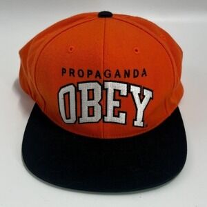 Obey Propaganda Snapback Hat Orange Black Embroidered Logo Flat Brim OSFA Cap